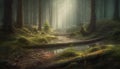 Mysterious fog blankets tranquil forest, revealing autumn enchanting beauty generated by AI