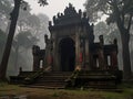 A mysterious, fog-covered ancient temple deep within a dense forest, creating a mystical atmosphere. Royalty Free Stock Photo