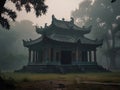 A mysterious, fog-covered ancient temple deep within a dense forest, creating a mystical atmosphere. Royalty Free Stock Photo