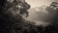 Mysterious fog shrouds tranquil autumn forest scene generated by AI