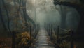 Mysterious fog shrouds tranquil forest adventure scene generated by AI