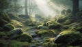 Mysterious fog shrouds tranquil forest landscape scene generated by AI