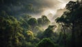 Mysterious fog shrouds tranquil forest landscape scene generated by AI