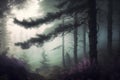Mysterious foggy forest. Fantasy landscape. Digital painting.