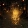 Mysterious foggy forest with glowing lanterns - render