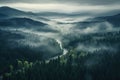 Mysterious foggy landscape with a river flowing through the forest, Misty dark forest aerial landscape view, AI Generated