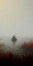 Mysterious Foggy Marsh: Dreamlike Boat In Shallows