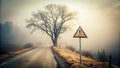 Mysterious foggy road with warning sign, bare tree, and uncertain path ahead. Generative AI Royalty Free Stock Photo