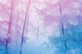 Mysterious foggy winter forest. Magical atmosphere. Fairytale landscape. Generated AI