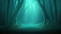 Mysterious forest with ethereal light filtering through trees