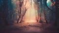 Mysterious forest in the fog. Magical autumn landscape. Fairytale scene. Royalty Free Stock Photo