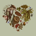 Mysterious forest heart vintage design. Hand drawn waxwing, snail, pool frog, insect, porcini, oak, rowan, forget me not