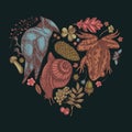 Mysterious forest heart vintage design. Hand drawn waxwing, snail, pool frog, insect, porcini, oak, rowan, forget me not
