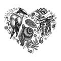 Mysterious forest heart vintage design. Hand drawn waxwing, snail, pool frog, insect, porcini, oak, rowan, forget me not