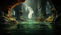 Mysterious forest landscape dark cliff, green trees, tranquil pond generated by AI