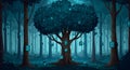 A mysterious forest with a large central tree, its branches displaying digital symbols Royalty Free Stock Photo