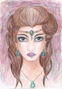Mysterious Forest Nymph. Colored pencils technique. Goddess with green eyes and brown hair. Jewelry with green stones. Fantasy