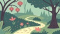 Mysterious Forest Path with Glowing Lanterns, vector design Generative AI Royalty Free Stock Photo