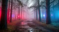 Mysterious forest path illuminated by red and blue lights at night Royalty Free Stock Photo