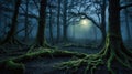 Mystical Moonlight Shines Through Eerie Foggy Forest with Moss-Covered Roots Royalty Free Stock Photo