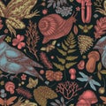 Mysterious forest seamless pattern background design. Engraved style. Hand drawn waxwing, snail, pool frog, moss, spruce
