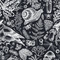 Mysterious Forest Seamless Pattern Background Design. Engraved Style. Hand Drawn Waxwing, Snail, Pool Frog, Moss, Spruce
