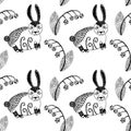 Mysterious forest seamless pattern with cute hare and plants, line art
