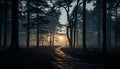 Mysterious forest silhouette, dark and spooky, with fog and moonlight generated by AI Royalty Free Stock Photo