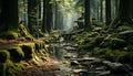 Mysterious forest, tranquil scene, wet leaf, green tree, rocky footpath generated by AI