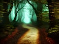 mysterious forest with trees, fog and glowing lights, AI generated Royalty Free Stock Photo