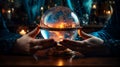 Mysterious fortune teller's tent swirling crystal ball, mystical tarot cards, enchanting predictions, otherworldly vibes