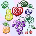 Mysterious fruits and berries are hand-drawn. Individual corporate identity. It can be used as a postcard. Pear, apple. plum, grap
