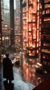 Mysterious futuristic library with male reader in illuminated book tower Royalty Free Stock Photo