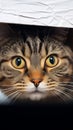 Mysterious gaze Fold eared cats half muzzle peeks from behind a cabinet