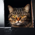 Mysterious gaze Fold eared cats half muzzle peeks from behind a cabinet