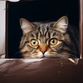 Mysterious gaze Fold eared cats half muzzle peeks from behind a cabinet