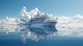 mysterious ghost ship on smooth water early morning. An abandoned ship with unrealistic superstructures. Green energy