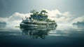 mysterious ghost ship on smooth water early morning. An abandoned ship with unrealistic superstructures. Green energy