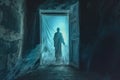 mysterious ghostly figure standing in a moonlit doorway