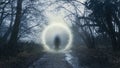 A mysterious ghostly figure, walking through a glowing magical portal. In a spooky winters forest