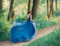 Mysterious girl with red braided hair runs off from royal holiday, lady in long elegant blue dress with flying light