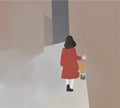 Mysterious girl in red dress with spooky yellow doll walk away into a thick white mist