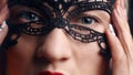 Mysterious Girl Wearing A Venetian Masquerade Mask Head Shot Fancy Costume Party