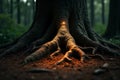 Mysterious Glowing Creature Emerges From The Base Of An Ancient Forest Tree Royalty Free Stock Photo