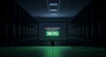 Mysterious glowing green screen displays cryptic code within a dark futuristic server room environment Royalty Free Stock Photo