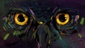 Mysterious glowing owl eyes on dark sky full of stars with nebula colors