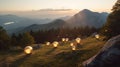 Mysterious glowing spheres of light on a mountain slope at sunset. Strange balls of light, shining orbs. Generative AI