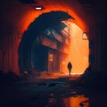 mysterious glowing tunnel in postapocalyptic city of future