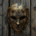 Mysterious golden mask on a wooden background