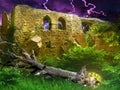 Mysterious golden treasure under toppled tree hidden in bushes next to ancient castle revealed during lightning storm